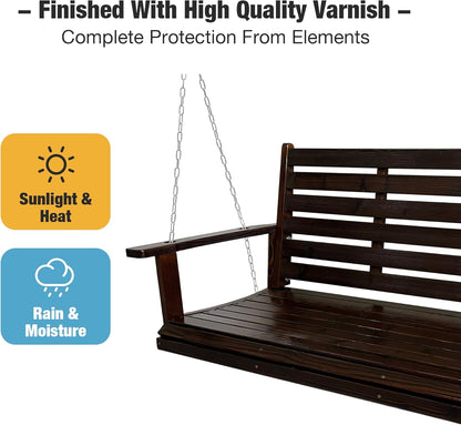 Wooden Porch Swing, Ergonomic Seat, Bench Swing with Hanging Chains and 7mm Springs, Heavy Duty 880 LBS, for Outdoor Patio Garden Yard (Dark Brown, 2-Seater Extra Large)