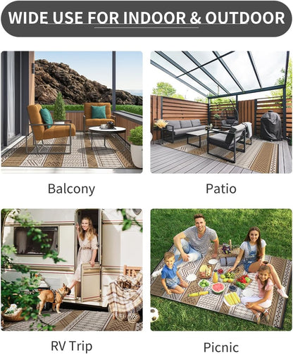 Outdoor Rug Carpet Waterproof 5x8 ft Patio Rug Mat Indoor Outdoor Area Rug for RV Camping Picnic Reversible Lightweight Plastic Straw Outside Rug for Patio Decor Decoration Boho Rug Brown Beige