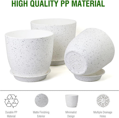 9/8/7.5 inch Flower Pots, Set of 3 Modern Decorative Plastic Planters with Drainage Holes and Saucers for Garden House Plants, Plant Pots for Indoor Outdoor Plants, Speckled White