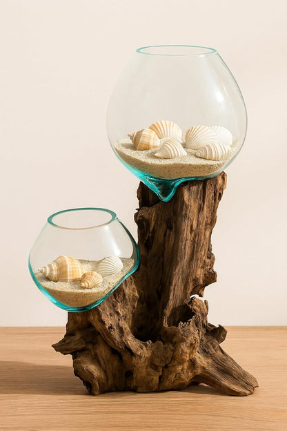 Cape Craftsmen 12" H Hand-Blown Blue Tinted Bubble Glass On Natural Teak Driftwood Terrarium | Home Décor Indoor Planter with Stand | Pot for Succulent and Plants