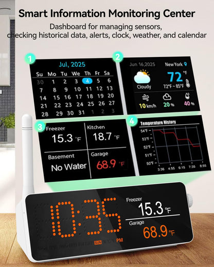WiFi Remote Refrigerator Thermometer, 1/3 Mile Long Range Freezer Alarm, IP66 Waterproof, App Email Alert, with Digital Monitor Hub, 1 Smart Wireless Temperature Sensor for Kitchen, Fridge, RV