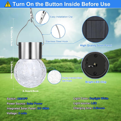 12Pack Outdoor Hanging Solar Lights - Solar Powered Crackle Glass Ball Lights Waterproof Tree Hanging Outdoor Globe Lights with Hook for Garden Balcony Patio Christmas Party Decoration, Daylight White