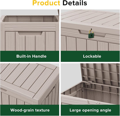 46 Gallon Outdoor Deck Box,Storage Lockable Waterproof Patio Furniture,Garden Tools,Cushions,Pool Accessories Outside Storage Resin Box(Light Brown)
