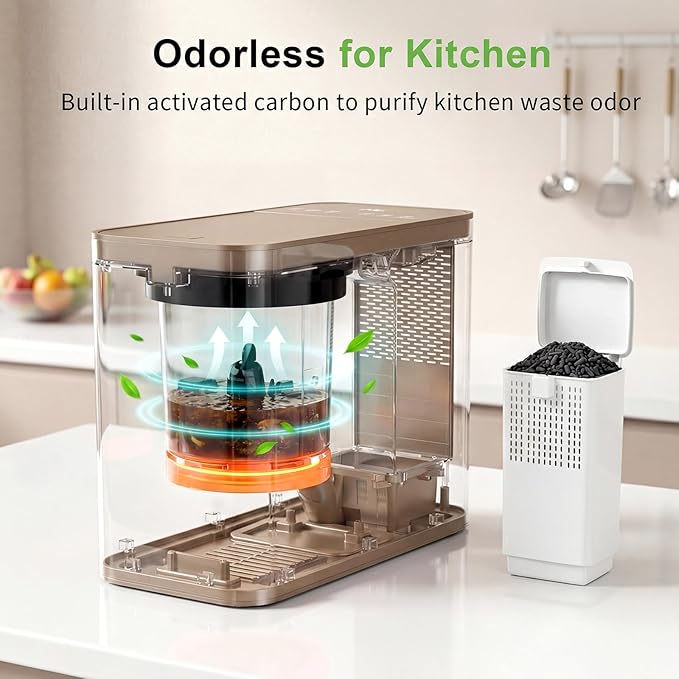 Electric Composter for Kitchen, 3.2L Smart Odorless Compost Bin, Low Noise & Odorless, Indoor Countertop Food Waste Composter with LED Display, One-Touch Operation, Auto-Cleaning, EC04