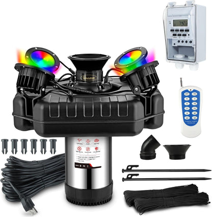 Goldlife Pond Fountain Aerator, F3 With 4 RGB Lights, 1HP 750W 110V Stainless Steel Floating Fountain With 100FT Power Cord, Octagon Aerating Fountain Pump for Small Large Pond Lake Pool Bay Fish farm