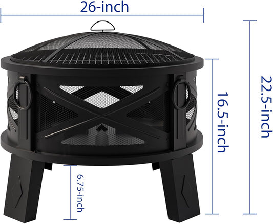 Fire Beauty 26"Steel Fire Pit with Grill Grate&Spark Screen,360° Airflow Boost Technology,Less Smoke,Larger Flames,Heavy-Duty Portable Camping Fire Pit for Backyard,Beach,RV (22lbs,4 Handles,Dual-Use)