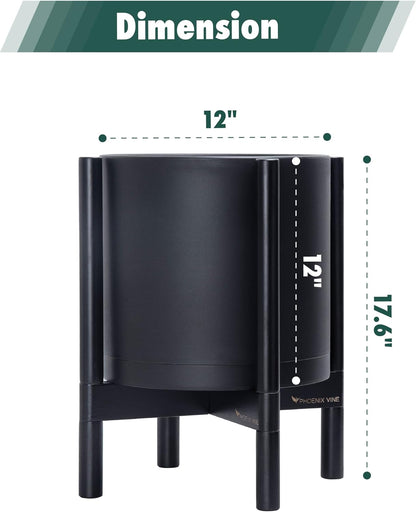 D'vine Dev Planter Pot with Stand - 12 Inch Plastic Cylinder Flower Pot with Wood Planter Holder for Indoor, Matte Black Pot + Ebony Stand, 55-C-Q-2