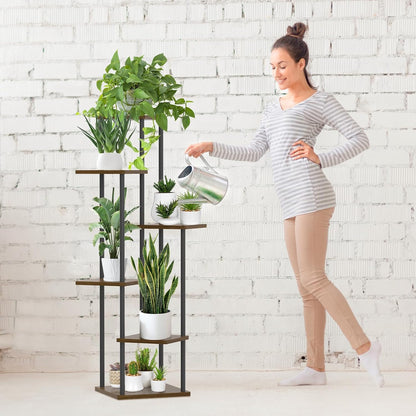 6 Tier Plant Stand Indoor, Tall Metal Wood Muti-Level Planter Shelf Holder, Sturdy Large Vertical Corner Orchid Flower Pot Display Rack for Narrow House Decor Office Living Room Bedroom, Oak