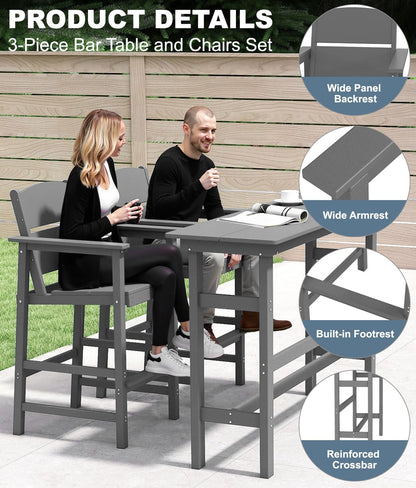 Bar Height Patio Table and Chairs Set, 3-Piece HDPE Outdoor Adirondack Bar Chairs and Patio Table, All-Weather Patio Furniture for Poolside, Backyard, Garden, High Top Patio Bar Set, Grey