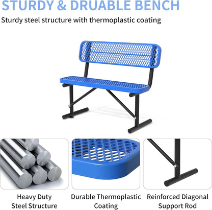 4 Feet Heavy Duty Metal Park Bench for Outside, Outdoor Bench with Backrest & Portable Frame, Commercial Benches for Shopping Malls, Stores, Parks, Patios, Decks, Blue