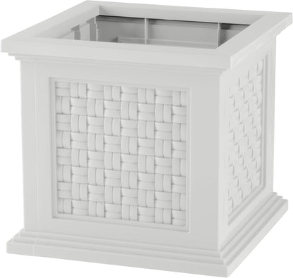Pure Garden Rattan Style Outdoor Planter Box - 14.65-Inch-Square Decorative Flower or Plant Pot - Garden, Patio and Front Porch Decor (White)