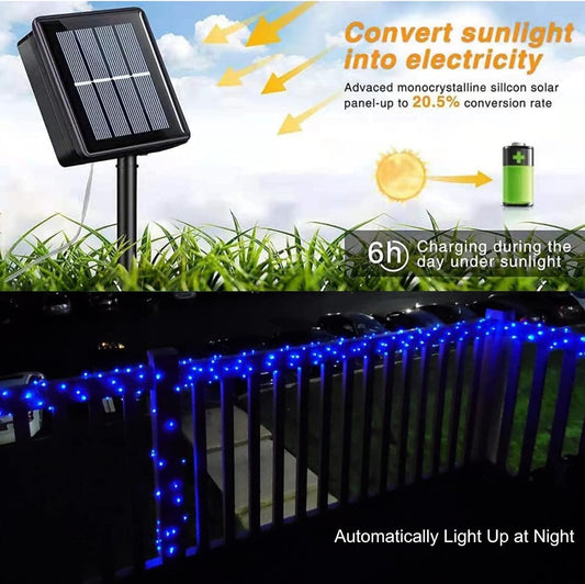 QITONG Blue Solar Fairy Lights, 4 Pack Each 33ft 100 LED String Lights Outdoor Waterproof, 8 Modes Silver Wire Twinkle Mini Lights