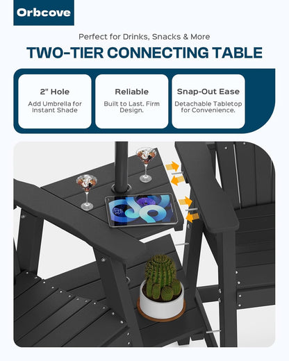 Tall Adirondack Chairs Set of 2 with Double Layer Connecting Table, HDPE Bar Height Outdoor Table and Chairs with Umbrella Hole, All Weather Outdoor Bar Stools for Patio, Deck,Backyard(Black)