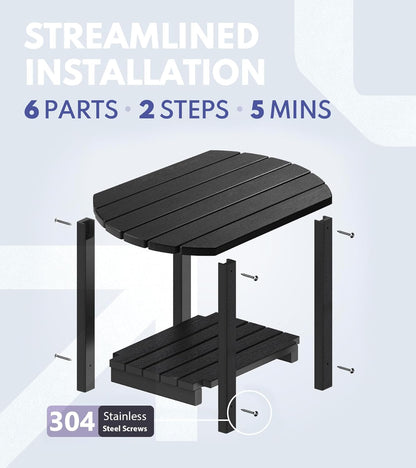 PASAMIC Outdoor Side Table, HDPE Adirondack Oval Side Table with 2-Tier Storage, Weather Resistant Outdoor End Table for Patio, Backyard, Pool, Indoor Companion, Beach, Easy Maintenance Table (Black)