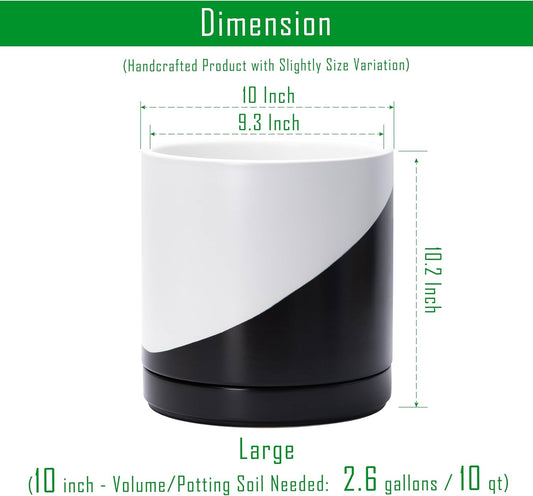 D'vine Dev 10 Inch Ceramic Planter Pot with Drainage Hole and Saucer, Indoor Cylinder Round Planter Pot, Oblique Monochrome Black and White, 94-O-E-K