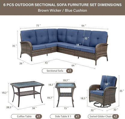 Outdoor Furniture Set - 6 Pieces Patio Conversation Sectional Sofa Set with Swivel Rocker Outdoor Chairs Set of 2 and Wicker Coffee Table for Deck Backyard Sunroom Brown