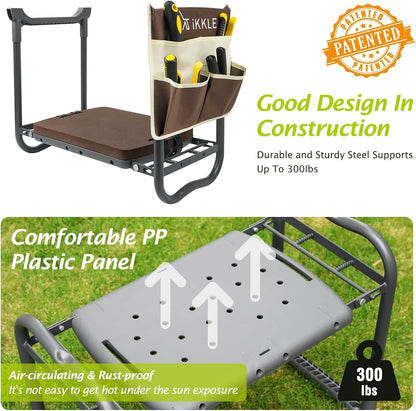 ikkle Garden Kneeler and Seat Gardening Stool Kneeler Folding Gardening Bench with Thicker Detachable Kneeling Pad and Tool Store Pouches (Brown)