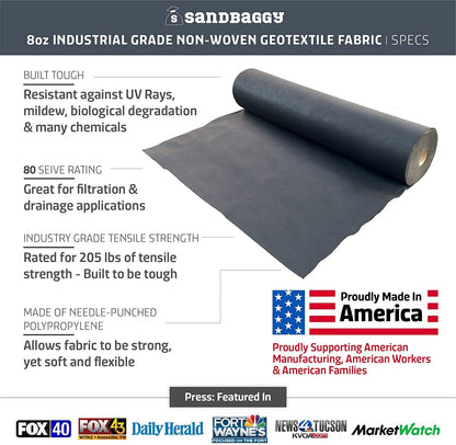 Sandbaggy Geotextile Pond Underlayment Padding | Made in USA | 50 YEAR Life* | Non Woven Fabric Protects Pond Liner From Damage | Made of Industrial Grade DOT Approved Fabric (15 ft x 50 ft or 750 sq ft)