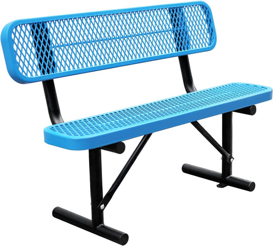 4Ft Outdoor Bench with Back Portable Frame, Outdoor Steel Park Bench with Backrest, Expanded Metal Mesh Bench for Outside, Lawn, Backyard, Park, Garden, Patio, Porch, Bule
