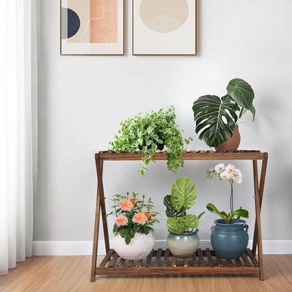 Wooden Plant Stand Indoor 2 Tier Narrow Plant Stand Outdoor Plant Shelf Display Rack Corner Flower Rack Stand for Living Room Garden Patio Balcony (X-Cross Design)