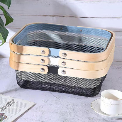 Metal Mesh Steel Basket, Storage Organizer Baskets Garden Harvest Basket Multi-functional Kitchen Fruit Baskets Bin with Wooden Handle for Bathroom Picnic Shopping Decor Cabinet Home, Blue