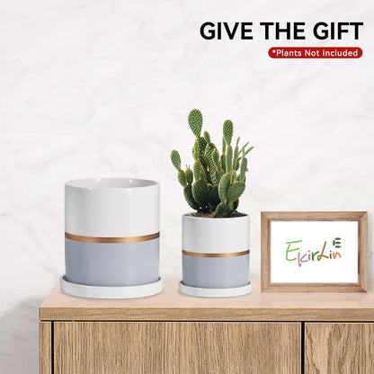 Ekirlin 4 inch Plant Pot - Ceramic Flower Planters Indoor - Modern Succulents Containers with Drain Hole Saucer, Decorate Home, Office & Outdoor (Grey)