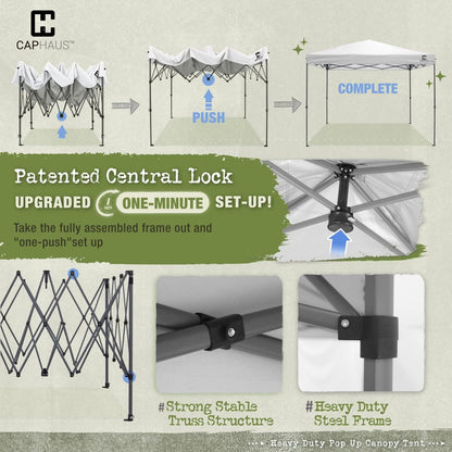 CAPHAUS 12ft x 12ft Patented One-Push Pop Up Outdoor Canopy Tent, Heavy-Duty Commercial Grade w/Central Lock, Portable and Instant Folding Shelter with Wheeled Carry Bag and Weight Bag, White