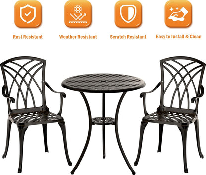 Patio Bistro Set 3 Piece, Cast Aluminum Bistro Set for 2 w/Umbrella Hole, Outdoor Table and Chairs Set of 2, Bistro Set for Balcony/Backyard/Garden, Black