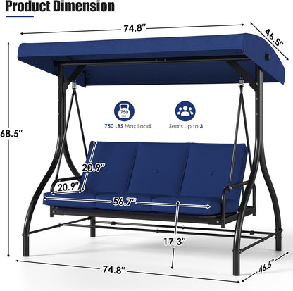 MAMIZO 3-Seat Patio Swing with Adjustable Canopy & Backrest, Outdoor Porch Swing Chair for Adults, Outside Porch Converting Bed Thickened Removable Cushions, 2mm Steel Pipe, for Garden, 750LBS