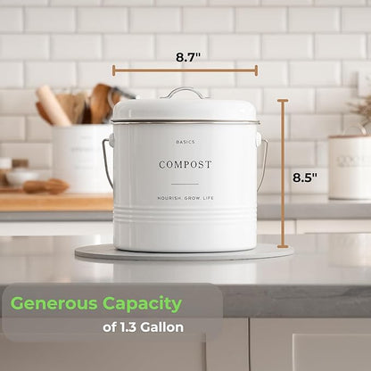 D'Lifeful Kitchen Compost Bin – 1.3 Gallon Countertop Farmhouse Compost Container with Lid – Odorless Indoor Food Scrap Pail with 6 Charcoal Filters – Eco-Conscious and Easy to Clean (White)