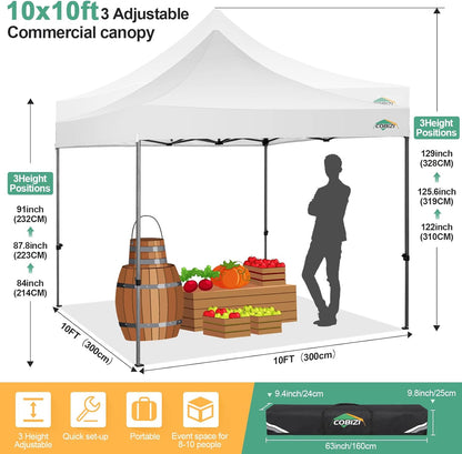 COBIZI 10x10 Pop Up Canopy Tent 10x10 Easy up Canopy, Heavy Duty Outdoor Canopy UPF 50+ All Weather Waterproof Instant Party Tents for Parties Gazebo with Handbag, White(Windproof Upgraded)