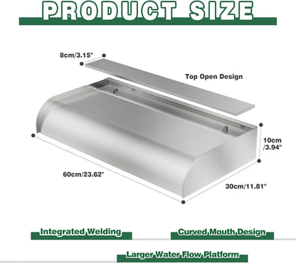 Pool Fountain Waterfall Spillway with Wider Water Flow Platform, Stainless Steel Waterfall with Pipe Connector Kits, Water Feature Spillway for Garden Decor, Patio, Ponds, 23."x11.8"x3.9"