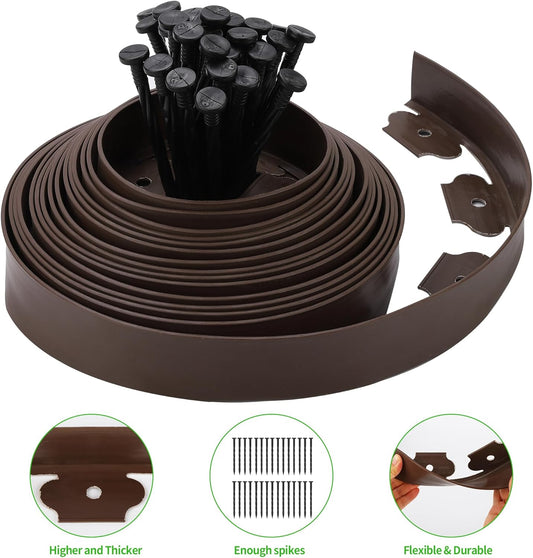 Garden Edging Kit Flexible Lawn Edging, Landscape Edging Border 33 FT with 30 Spikes, 4" Tall No Dig Garden Edging Roll for Landscaping Flower Beds Yard Pathway (4IN x 33FT, Brown)