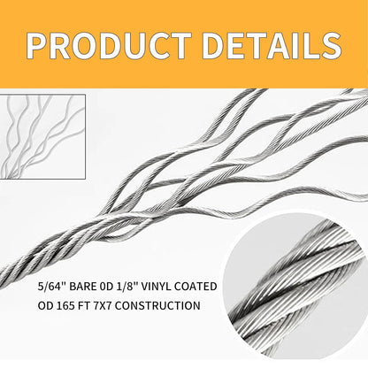 Wire Rope Kit,165FT 1/8" Vinyl Coated Stainless Steel Wire,Turnbuckles for Cables Wire,Metal Wire for Outdoor String Lights Hanging,Garden Wire,Clothes Line Cable