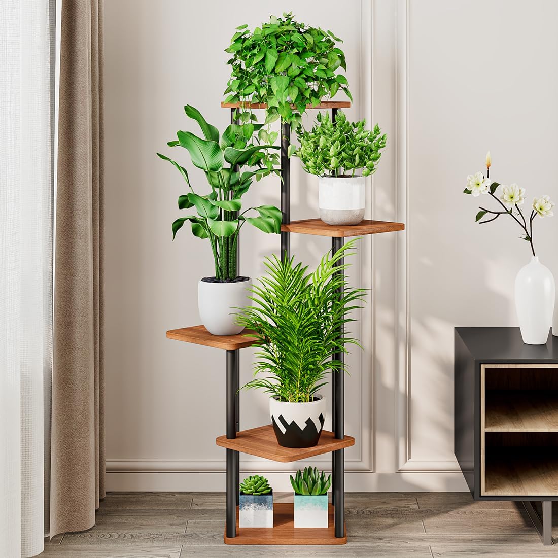 AZERPIAN Plant Stand 5 Tier Indoor Metal Flower Shelf for Multiple Plants Corner Tall Flower Holders for Patio Garden Living Room Balcony Bedroom, Walnut (5 Tier-Walnut)
