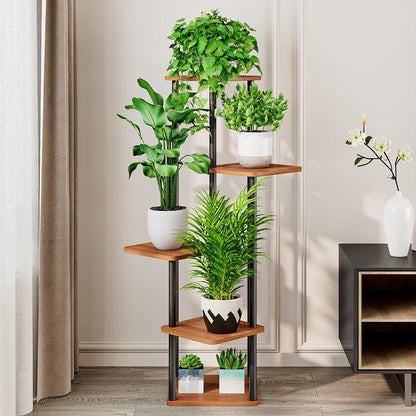AZERPIAN Plant Stand 5 Tier Indoor Metal Flower Shelf for Multiple Plants Corner Tall Flower Holders for Patio Garden Living Room Balcony Bedroom, Walnut (5 Tier-Walnut)