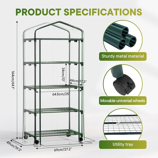 Indoor Greenhouse with Grow Lights & Wheels, 4 Tier Wire Shelf PVC Tent Portable Mini Green House Cabinet Kit for Plant Seed Starting