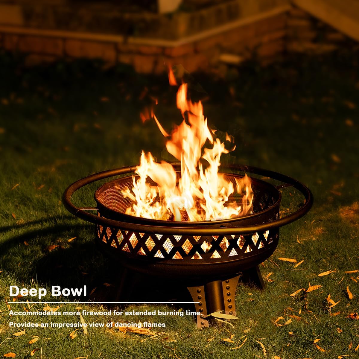 32 Inch Outdoor Fire Pit with Grill, Wood Burning Firepit for Outside with Lid/Fire Poker, Metal Round Fire Pit Table for Patio Backyard Garden Bonfire Party