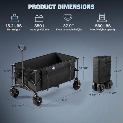 48″ Extra-Large Folding Wagon Cart, 560LBS Extra Large Wagon, 350L Heavy Duty Utility Cart with Brakes, All-Terrain Wheels, 600D Oxford Fabric, Foldable Design for Camping, Beach, Travel, Festival