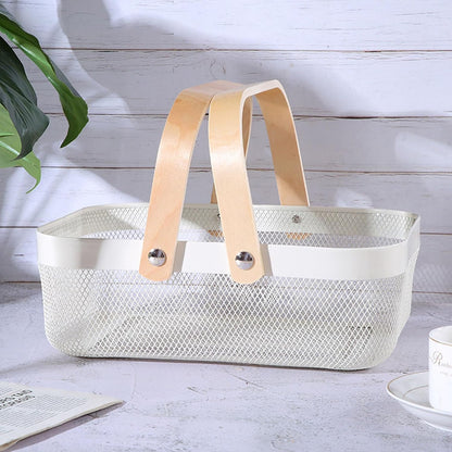 Metal Mesh Steel Basket, Storage Organizer Basket Garden Harvest Basket Multi-functional Kitchen Fruit Baskets Bin with Wooden Handle for Bathroom Picnic Shopping Decor Cabinet Home, White