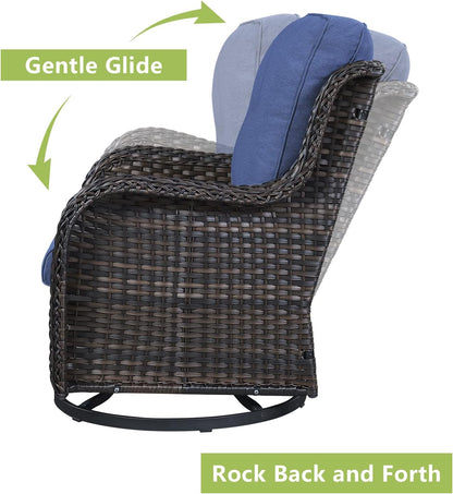 Outdoor Wicker Patio Furniture Set - 5 Piece Rattan Patio Conversation Set with 2 Rocking Swivel Chairs,2 Ottomans and 1 Loveseat for Porch Deck Backyard Garden(Brown/Blue)