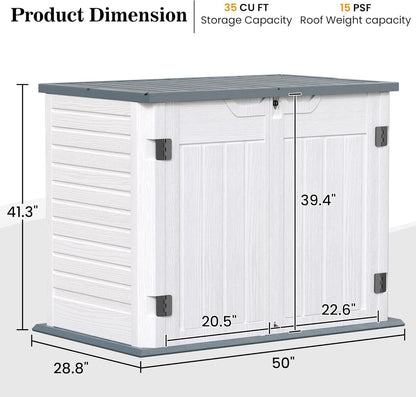 UDPATIO Outdoor Storage Cabinet 35 Cu Ft, Resin Horizontal Outdoor Trash Can Storage Box Lockable Shed 4 x 2 ft for Garbage, Garden Tools, Lawn Mowers