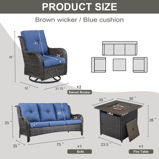 Outdoor Patio Furniture Set with 50000BTU Propane Fire Pit Table, 4 Pieces Wicker Patio Conversation Set with 2 Swivel Rocker Glider Chairs Rattan Sofa Blue Cushion Perfect for Casual Gathering