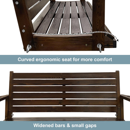Wooden Porch Swing, Ergonomic Seat, Bench Swing with Hanging Chains and 7mm Springs, Heavy Duty 880 LBS, for Outdoor Patio Garden Yard (Dark Brown, 2-Seater)