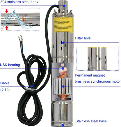 Pump 500W DC 48V Solar Water Pumps, Max head 393ft,7.9GPM Flow，3 inch Solar deep well submersible Pumps with MPPT controller float switch kits for home or farm