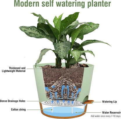 12 inch Large Self Watering Pots for Indoor Outdoor Plants, Flower Plant Pots with Drainage Holes for Garden House Plants, Plastic Planters with Reservoir for Home Plants, Green with Brown