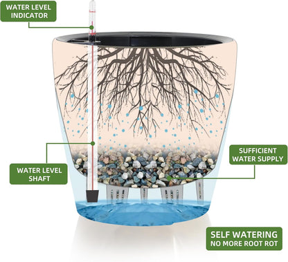 Dexceder 11x10 Inches Self Watering Planter Indoor Outdoor, Inner Pot Design, Thickened Table Flower Plant Pot with Water Level Indicator (Grey Gold Crackle)