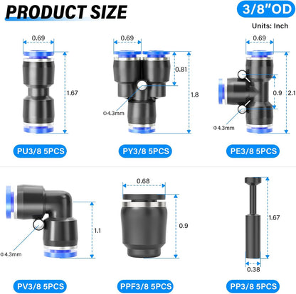TAILONZ PNEUMATIC 3/8 Inch od Push to Connect Fittings Pneumatic Fittings Kit 5 Spliters+5 Elbows+5 tee+5 Straight+5 PPF+5 PP (30 pcs)