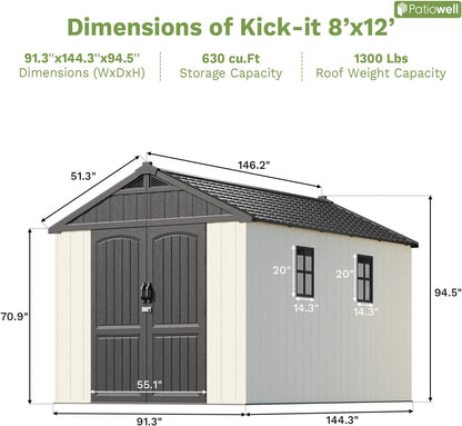Patiowell 8 x 12 FT Resin Outdoor Storage Shed with Floor, Large Shed with Light and Lockable Door for Garden, Backyard, Tool Storage Use, Easy to Install in Beige (Kick-it Shed)