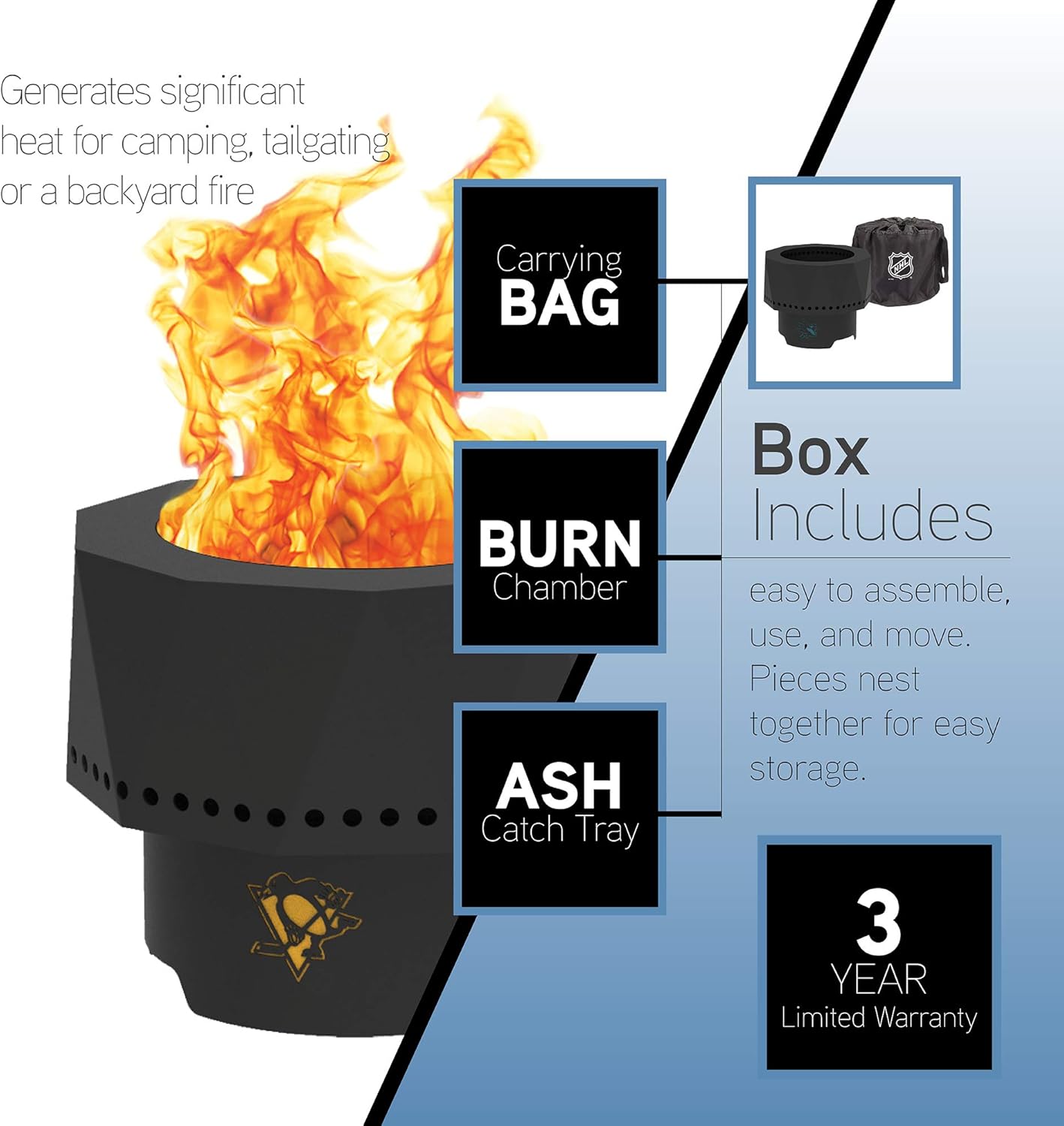Blue Sky Outdoor Living NHL Ottawa Senators Ridge Portable Steel Smokeless Fire Pit with Carrying Bag & Spark Screen Kit, Firewood & Wood Pellet